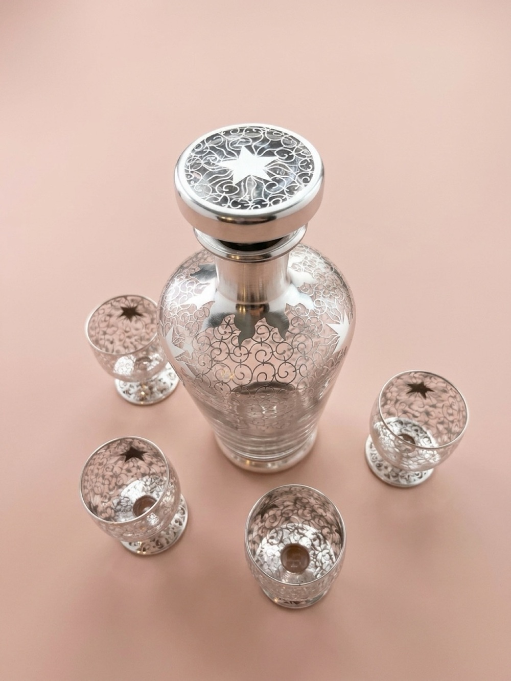 MCM Saint Graal Of France- Vintage Silver Overlay Glass Decanter Set